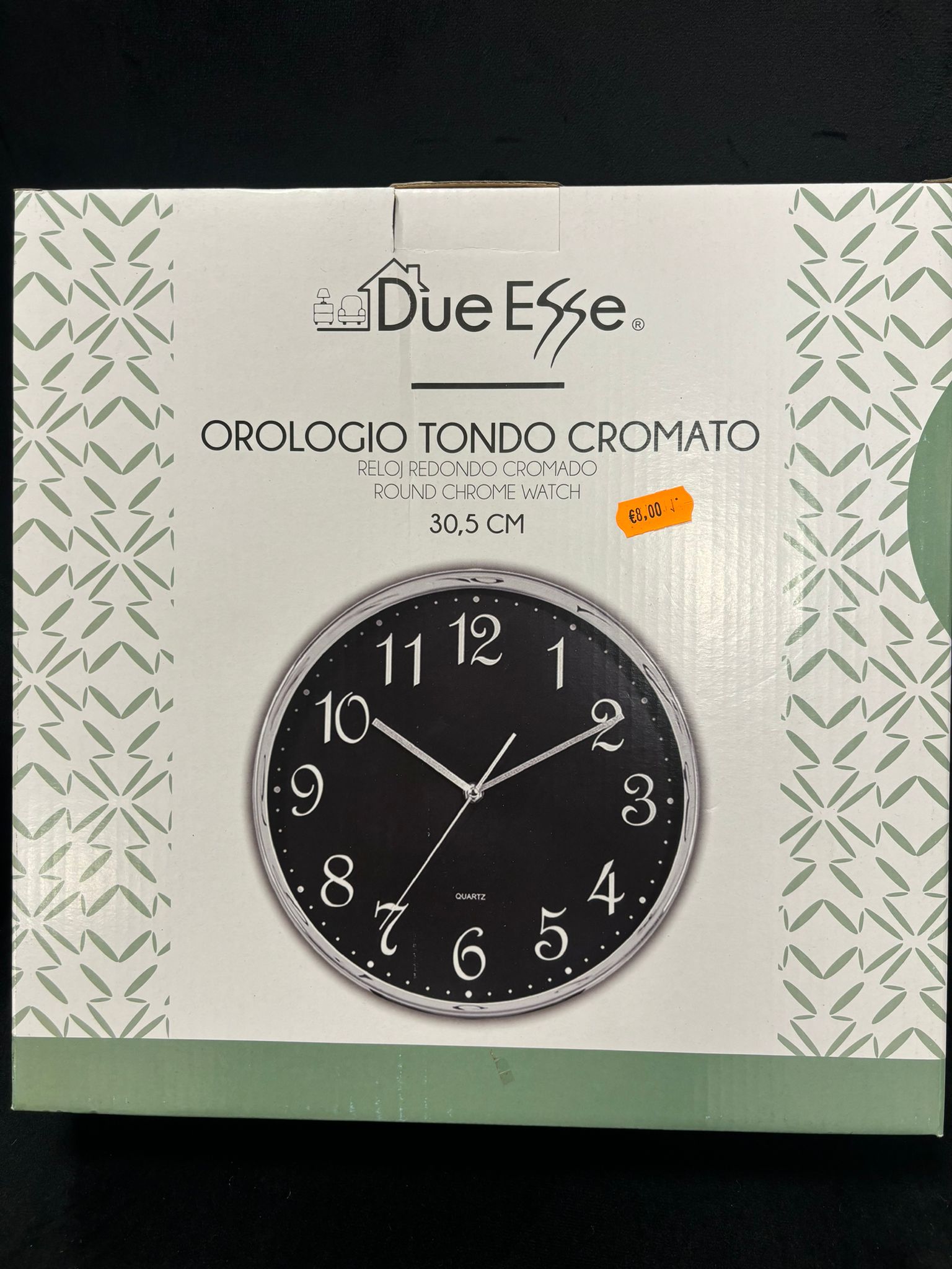 DUE ESSE - OROLOGIO DA MURO TONDO CROMATO 30,5 CM ARGENTO CON QUADRANTE NERO