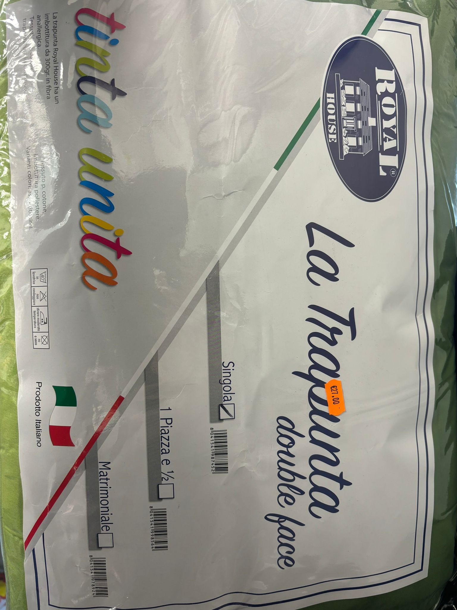 ROYAL HOUSE - LA TRAPUNTA DOUBLE FACE LETTO SINGOLO IMBOTTITURA 300Β grΒ VERDE