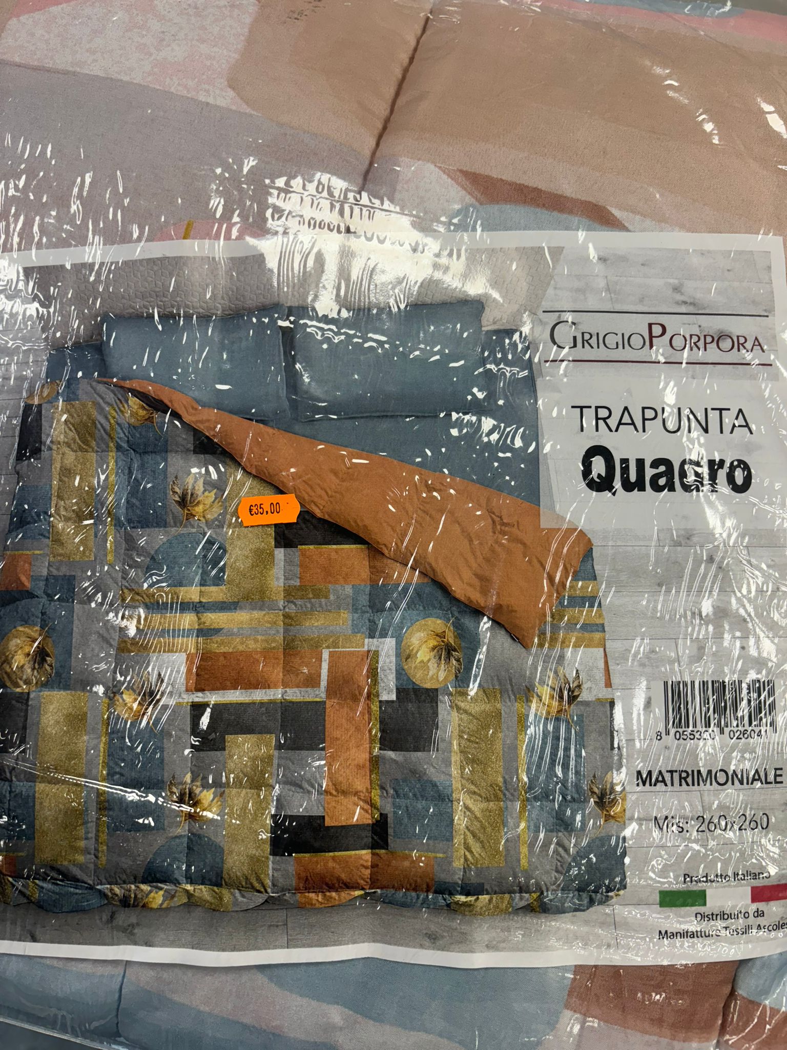 GRIGIO PORPORA - TRAPUNTA QUADRO LETTO MATRIMONIALE 260x260 cm ROSA/AZZURRO MADEΒ INΒ ITALY