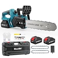 Motosega Elettrica per Potatura 12 Pollici, 1200W Brushless, Batteria 5000mAh, Tensionamento Catena Senza Attrezzi, Perfetta per il Taglio del Legno, Potente Sega da Giardino