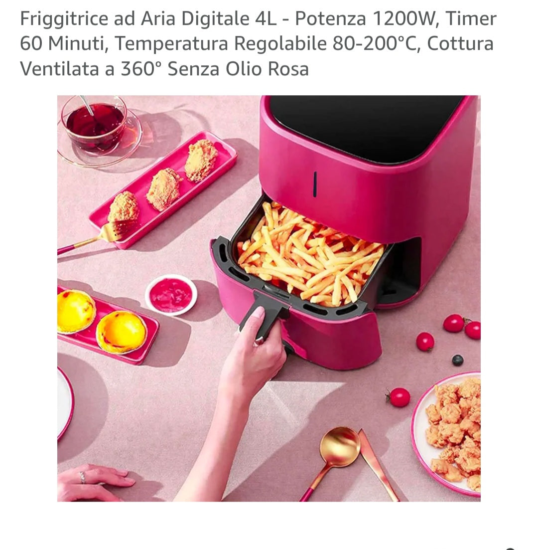 Friggitrice ad Aria Digitale 4L - Potenza 1200W, Timer 60 Minuti, Temperatura Regolabile 80-200Β°C, Cottura Ventilata a 360Β° Senza Olio Rosa