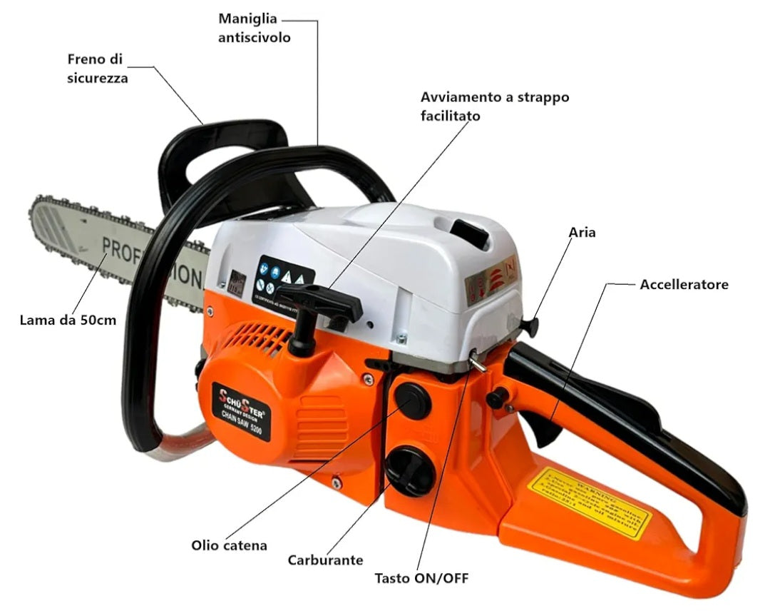 Motosega a scoppio 52 cc motore 2 Tempi Taglio professionale con lama lunga 50 cm con kit montaggio e corpicatena adatto per fai da te o professionisti