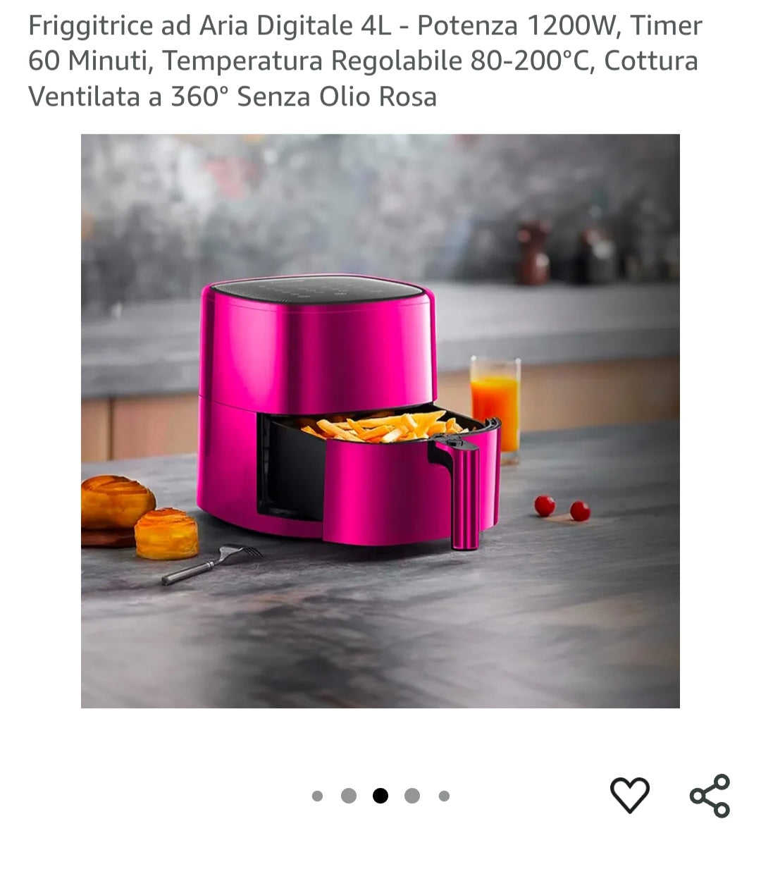 Friggitrice ad Aria Digitale 4L - Potenza 1200W, Timer 60 Minuti, Temperatura Regolabile 80-200Β°C, Cottura Ventilata a 360Β° Senza Olio Rosa