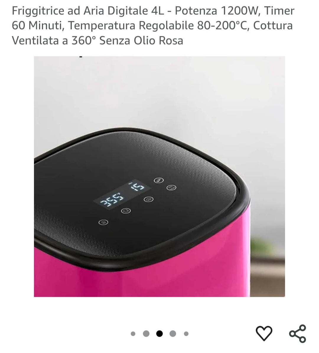 Friggitrice ad Aria Digitale 4L - Potenza 1200W, Timer 60 Minuti, Temperatura Regolabile 80-200Β°C, Cottura Ventilata a 360Β° Senza Olio Rosa