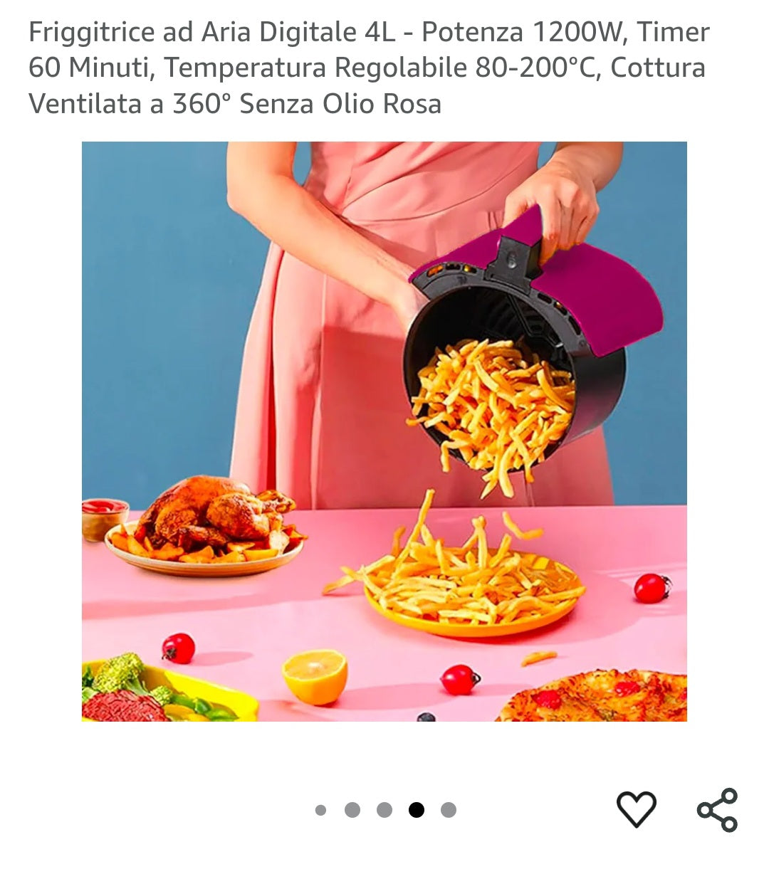 Friggitrice ad Aria Digitale 4L - Potenza 1200W, Timer 60 Minuti, Temperatura Regolabile 80-200Β°C, Cottura Ventilata a 360Β° Senza Olio Rosa