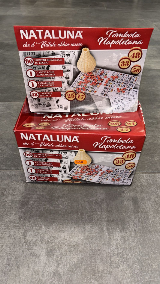 Tombola napoletana, composta da 90 numeri in legno; 48 cartelle smorfia; 1 cartellone con smorfia+ 1 panariello in plastica
