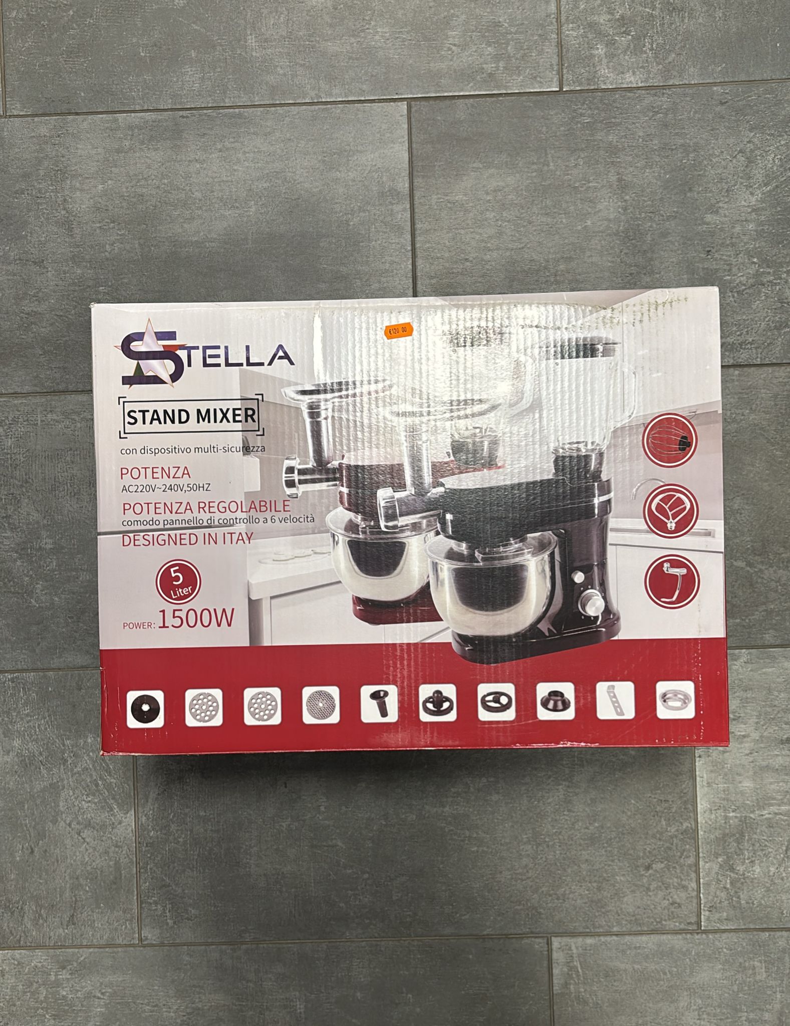 Stella stand mixer 5 L 3 in 1   planetaria con frullatore e  trita tutto con   Disponibile in rosso e argento  con potenza di 1500W, con 6 velocità