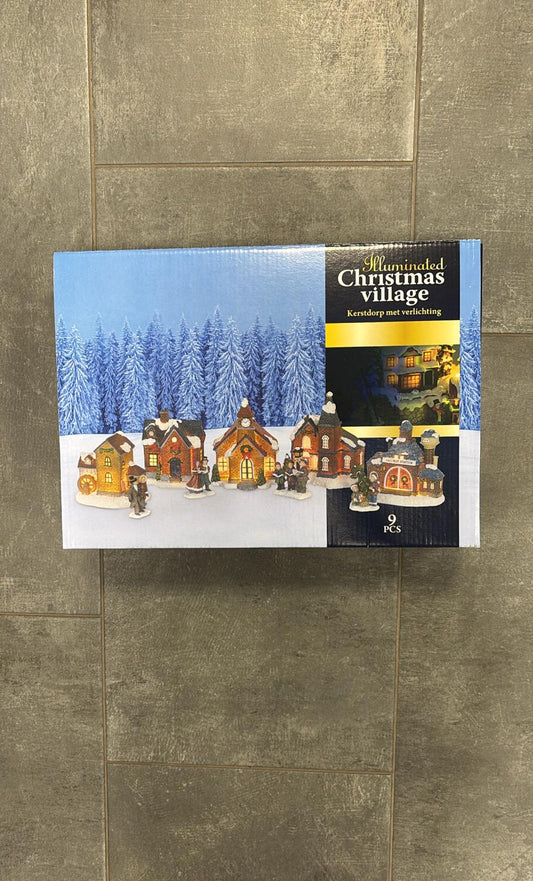 Christmas village, set 9 pezzi con luci incluse.  Addobbi per presepe