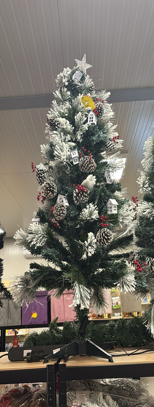 ALBERO DI NATALE INNEVATO CON LUCI LED INCORPORATE, ADDOBBATO CON CASSETTE LUMINOSE E PIGNE H150cm