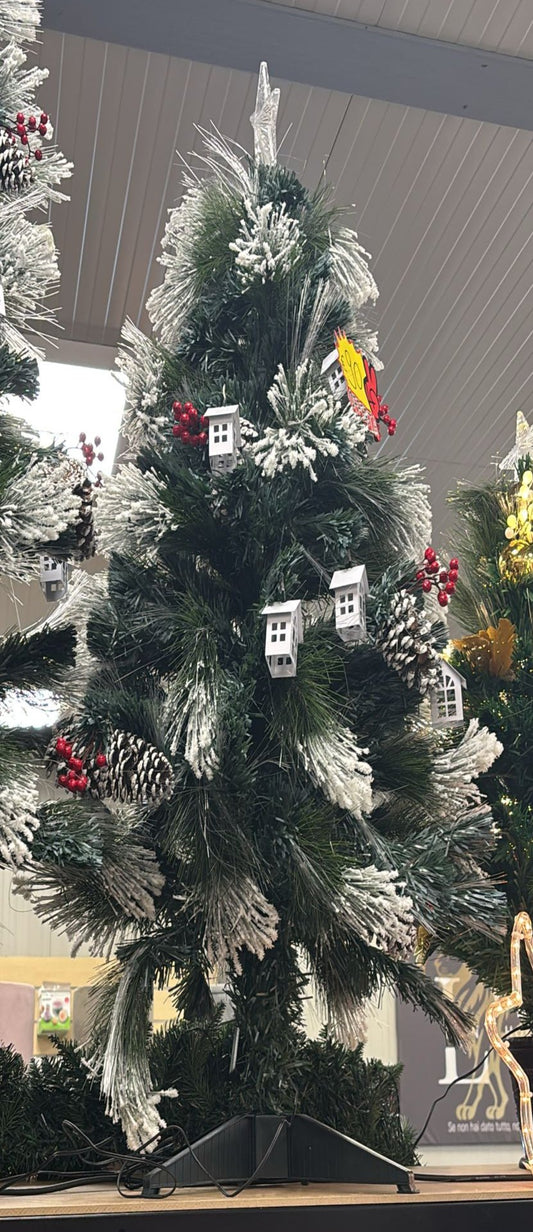 ALBERO DI NATALE INNEVATO CON LUCI LED INCORPORATE, ADDOBBATO CON CASSETTE LUMINOSE E PIGNE H120cm