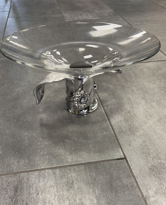 BONGELLI PREZIOSI - ALZATINA CENTROTAVOLA MODERNA IN VETRO CON PIEDE DECORATO COLOR ARGENTO