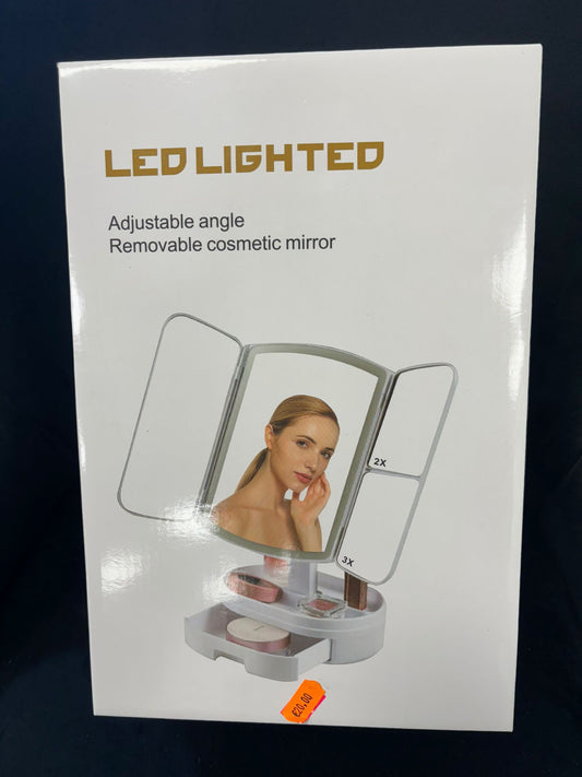 LED LIGHTED - SPECCHIO TRUCCO APRIBILE ILLUMINATO CON SPECCHI AD INGRANDIMENTO E CASSETTO PORTA OGGETTI