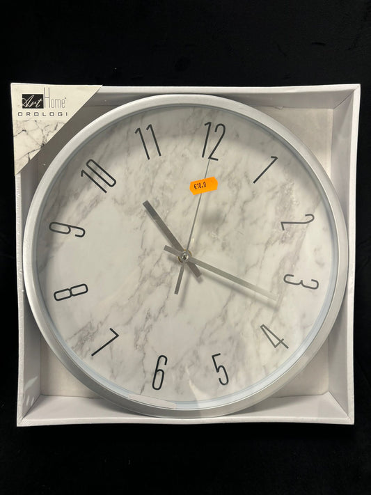 ART HOME OROLOGI - OROLOGIO DA MURO TONDO 40 CM ARGENTO CON QUADRANTE BIANCO EFFETTO MARMO