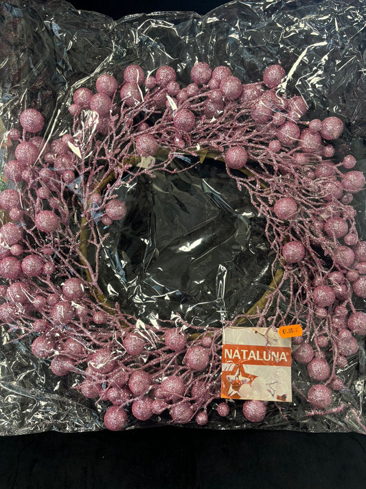 NATALINA - GHIRLANDA CON BACCHE ROSA CON GLITTER DIAMETRO 40 cm