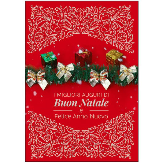 DFH - BIGLIETTO AUGURALE NATALE ROSSO CON DECORAZIONI ARGENTO