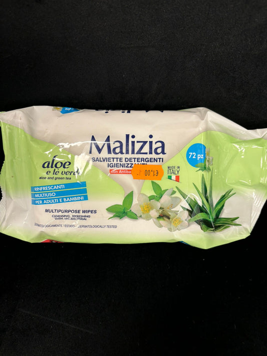 MALIZIA - 72 PEZZI SALVIETTE DETERGENTI IGIENIZZANTI CON ANTIBATTERICO ALOE E TÈ VERDE RINFRESCANTI MULTIUSO PER ADULTI E BAMBINI