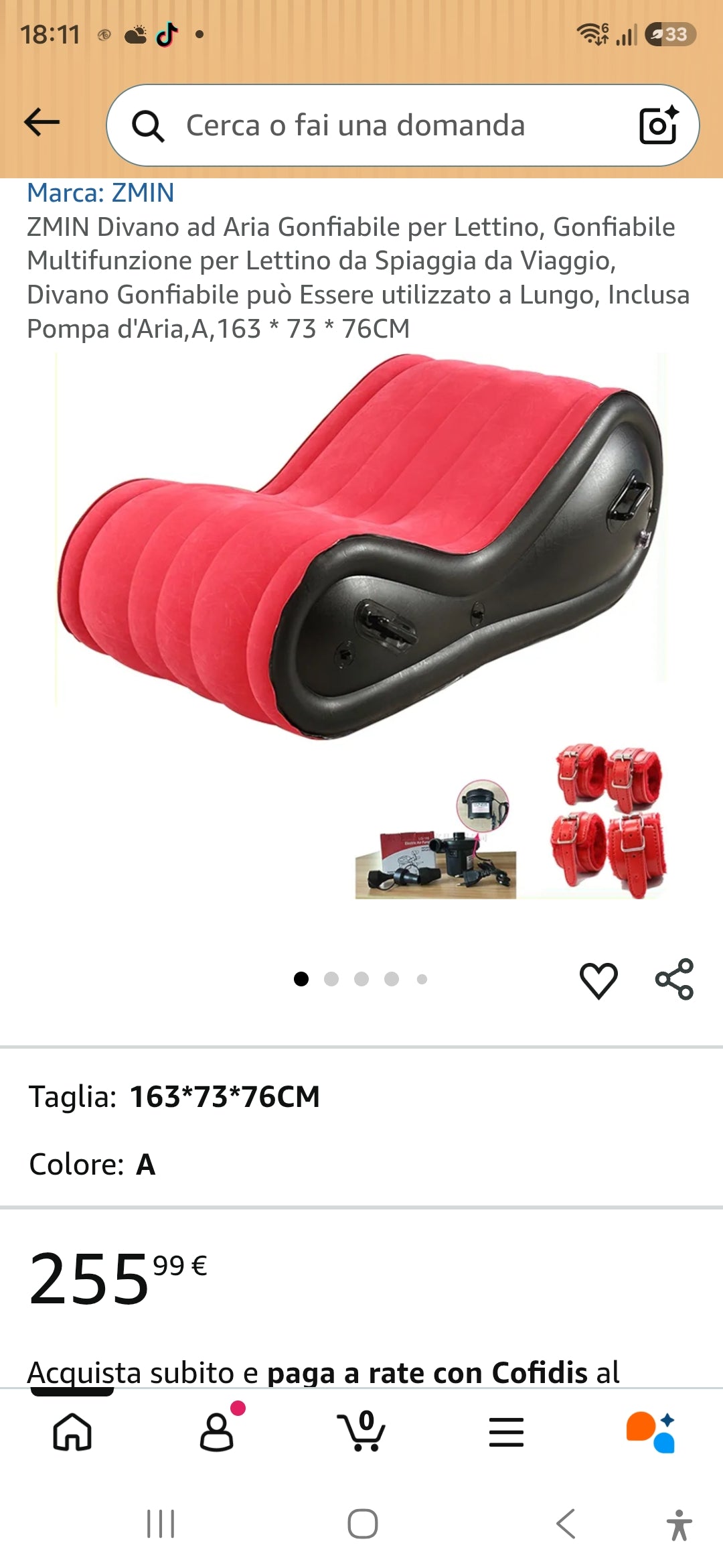 Divano Gonfiabile Tantra/Sedia dell’Amore con Polsini – Rosso e Nero – 163x73x76 cm