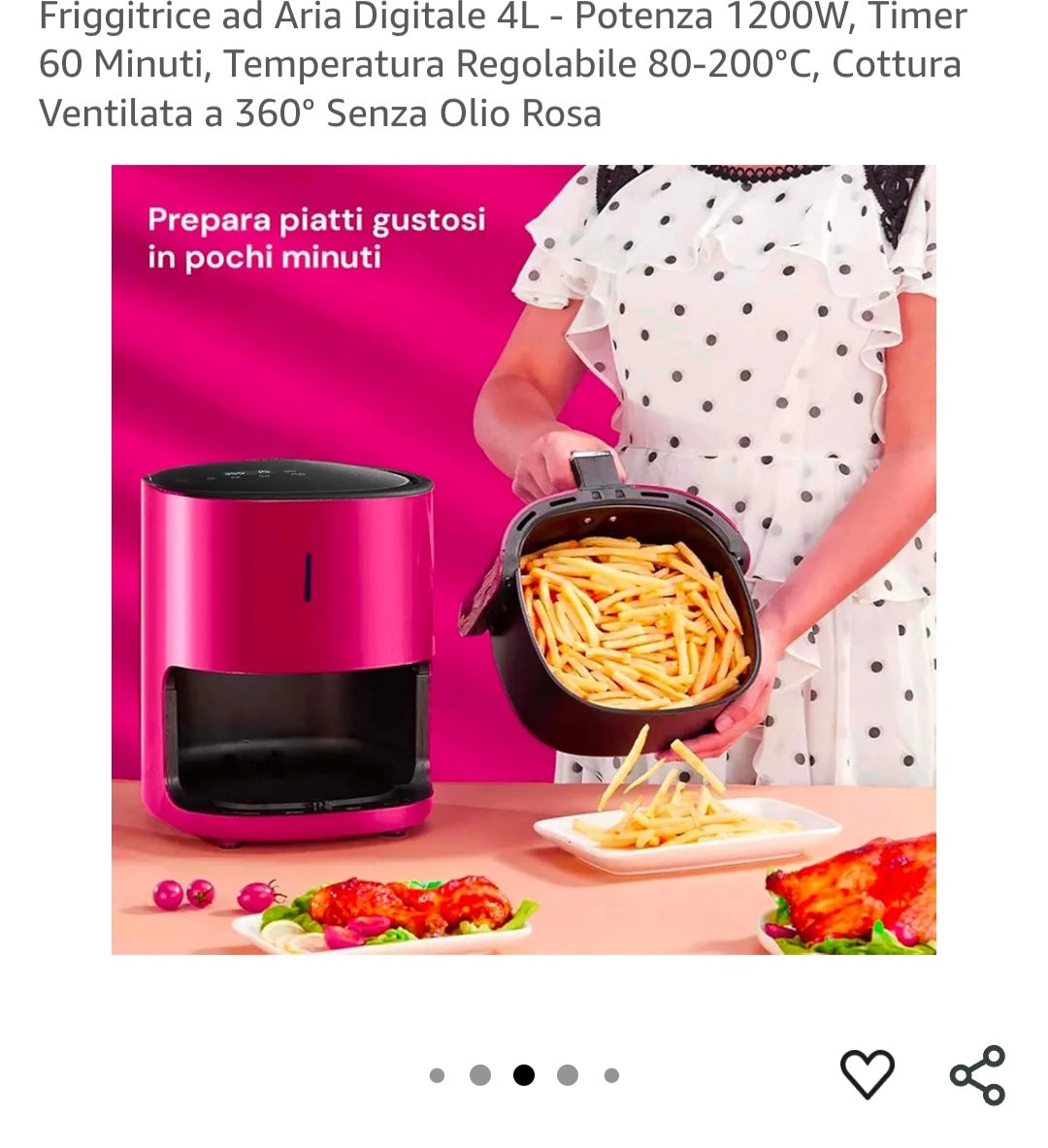 Friggitrice ad Aria Digitale 4L - Potenza 1200W, Timer 60 Minuti, Temperatura Regolabile 80-200°C, Cottura Ventilata a 360° Senza Olio Rosa
