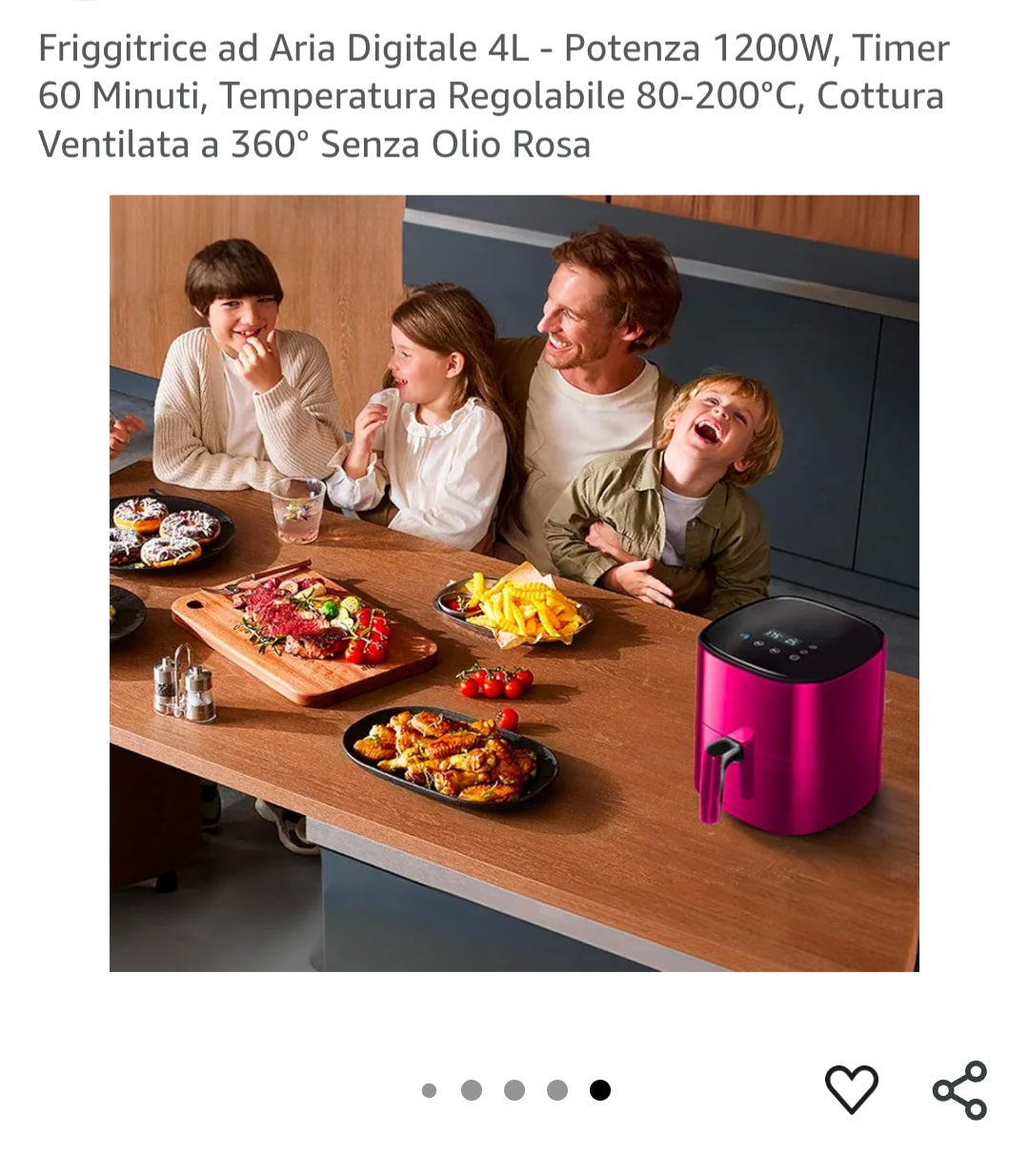 Friggitrice ad Aria Digitale 4L - Potenza 1200W, Timer 60 Minuti, Temperatura Regolabile 80-200°C, Cottura Ventilata a 360° Senza Olio Rosa