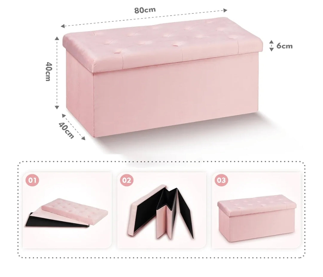 Bonlife Pouf Contenitore Velluto Poggiapiedi Camera da Letto Quadrato Cassapanca Bambini Sgabello di Stoccaggio Comodino Salvaspazio 80x40x40cm Rosa