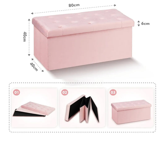 Bonlife Pouf Contenitore Velluto Poggiapiedi Camera da Letto Quadrato Cassapanca Bambini Sgabello di Stoccaggio Comodino Salvaspazio 80x40x40cm Rosa